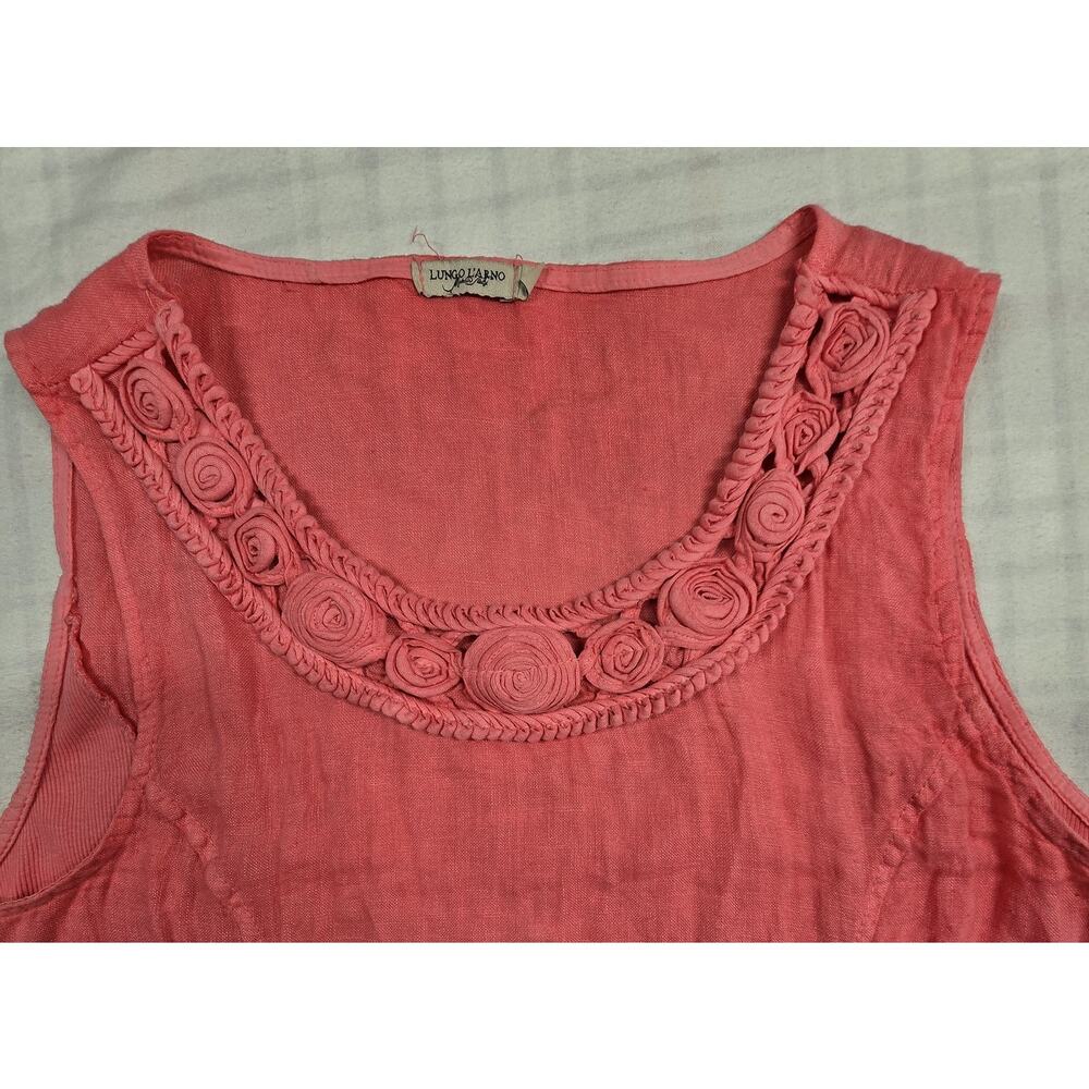 Lungo L'arno Sleeveless Shift Dress 3D Floral Neckline Pockets 100% Linen Pink L - Picture 2 of 8